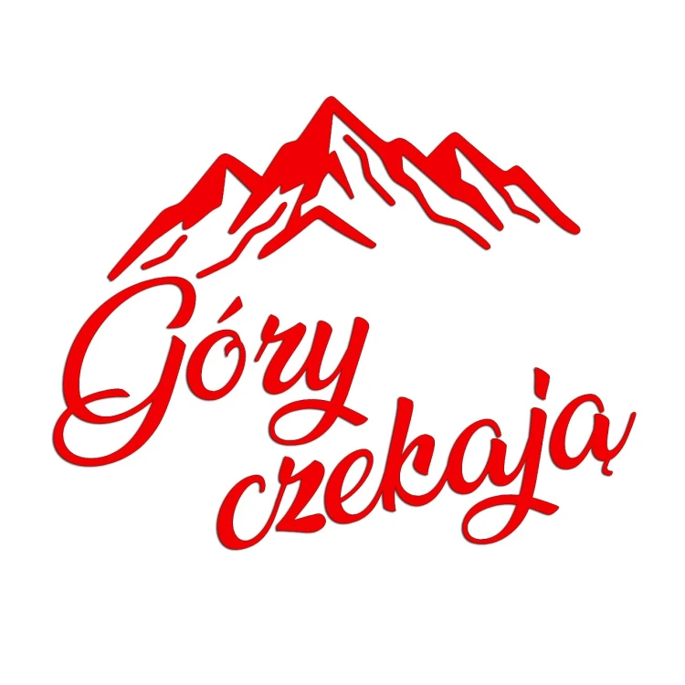 Naklejka GÓRY CZEKAJĄ - Pasmo Górskie / Kaligrafia - Camper / Auto - czerwona neon
