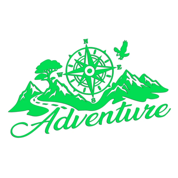 Naklejka ADVENTURE RÓŻA WIATRÓW GÓRY - Kompas / Droga - Camper / Off-Road - zielona neon