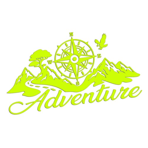 Naklejka ADVENTURE RÓŻA WIATRÓW GÓRY - Kompas / Droga - Camper / Off-Road - żółta neon