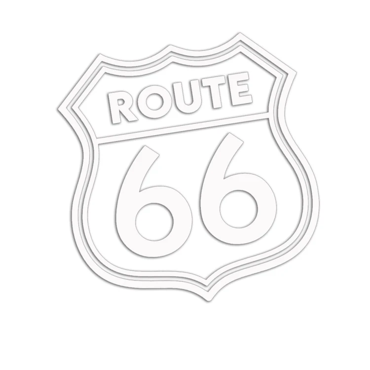 Naklejka Route 66 znak amerykański - kultowa wlepka na auto motocykl i camper - biała samoprzylepna tarcza z napisem Route 66 na szybę karoserię i kask - styl USA bez tła