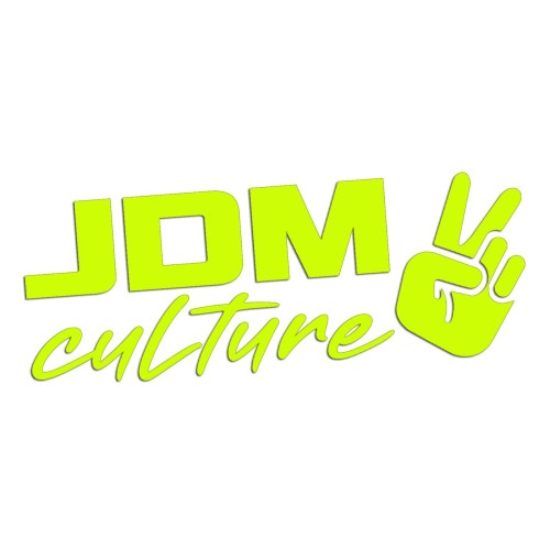 Żółta neonowa naklejka na auto JDM Culture napis z gestem V wlepka
